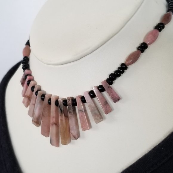 Onyx & Pink Quartz Girls Bib Necklace, 12" - Picture 3 of 11